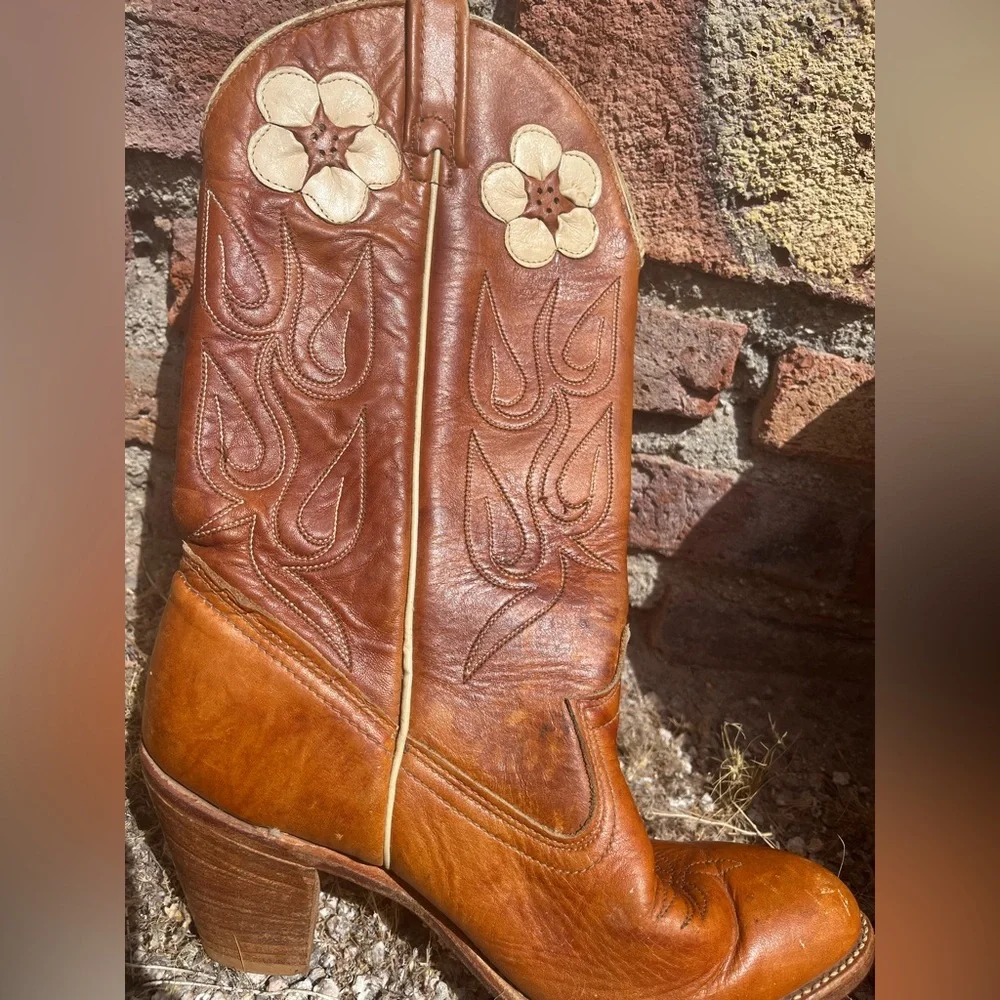 Vintage 1970s Acme Hibiscus Floral Cowboy Boots Size 8 Western Cowgirl Boots - Picture 9 of 14